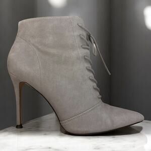 Something Navy Orchid Suede Leather Grey Bootie Heeled Stilleto Size 6.5